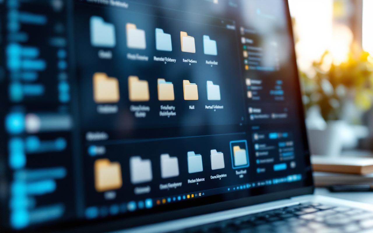 Écran d'ordinateur affichant des dossiers numériques organisés pour les documents de location, interface claire avec icônes de dossiers, bureau moderne en arrière-plan, lumière naturelle douce, tons bleus et gris.