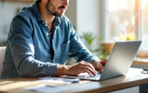 Propriétaire assis à un bureau en bois dans un appartement chaleureux, travaillant sur un ordinateur portable avec un tableau de location ouvert à l'écran, lumière du matin douce, tasse de café et clés à côté, regard concentré.