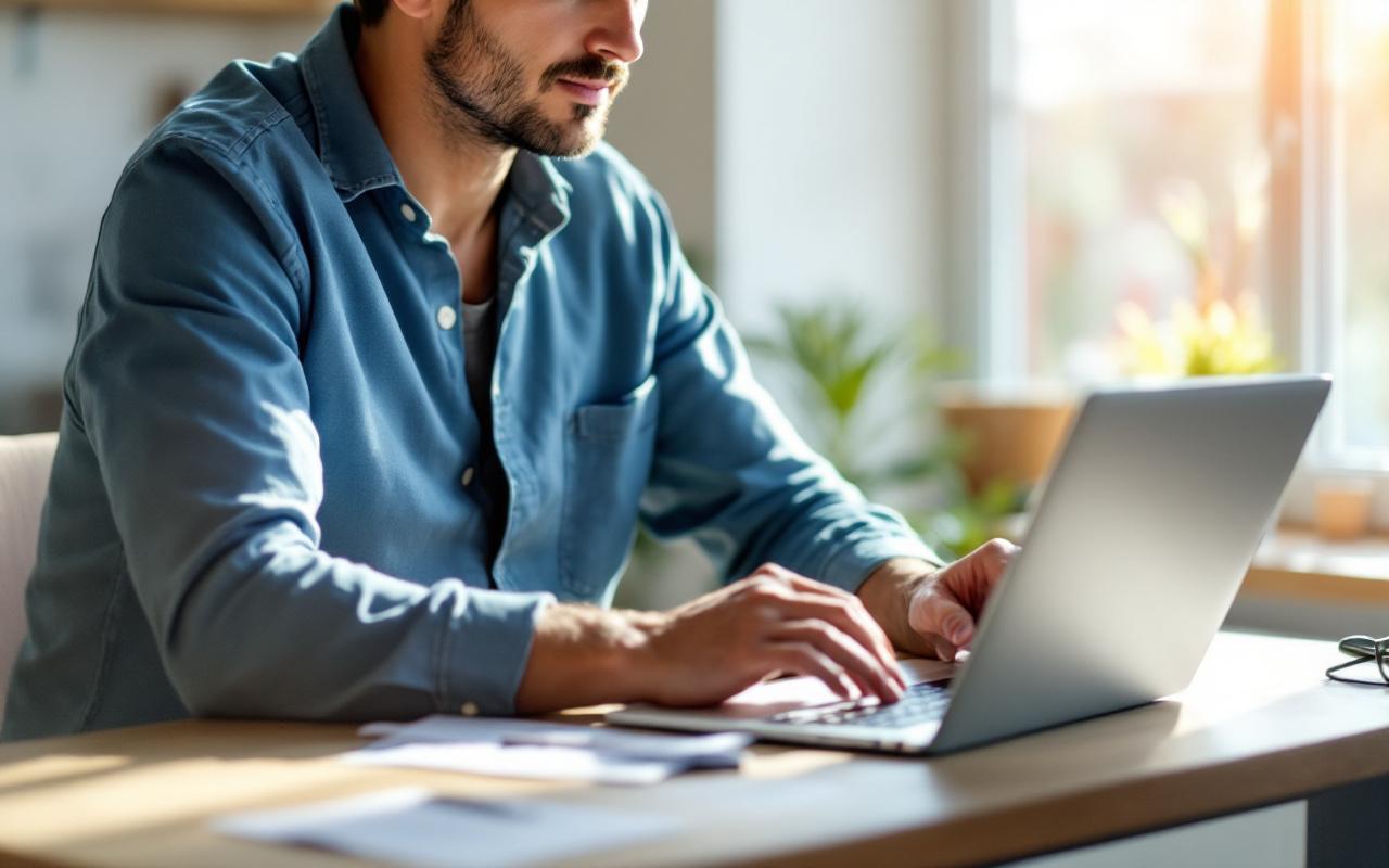 Propriétaire assis à un bureau en bois dans un appartement chaleureux, travaillant sur un ordinateur portable avec un tableau de location ouvert à l'écran, lumière du matin douce, tasse de café et clés à côté, regard concentré.