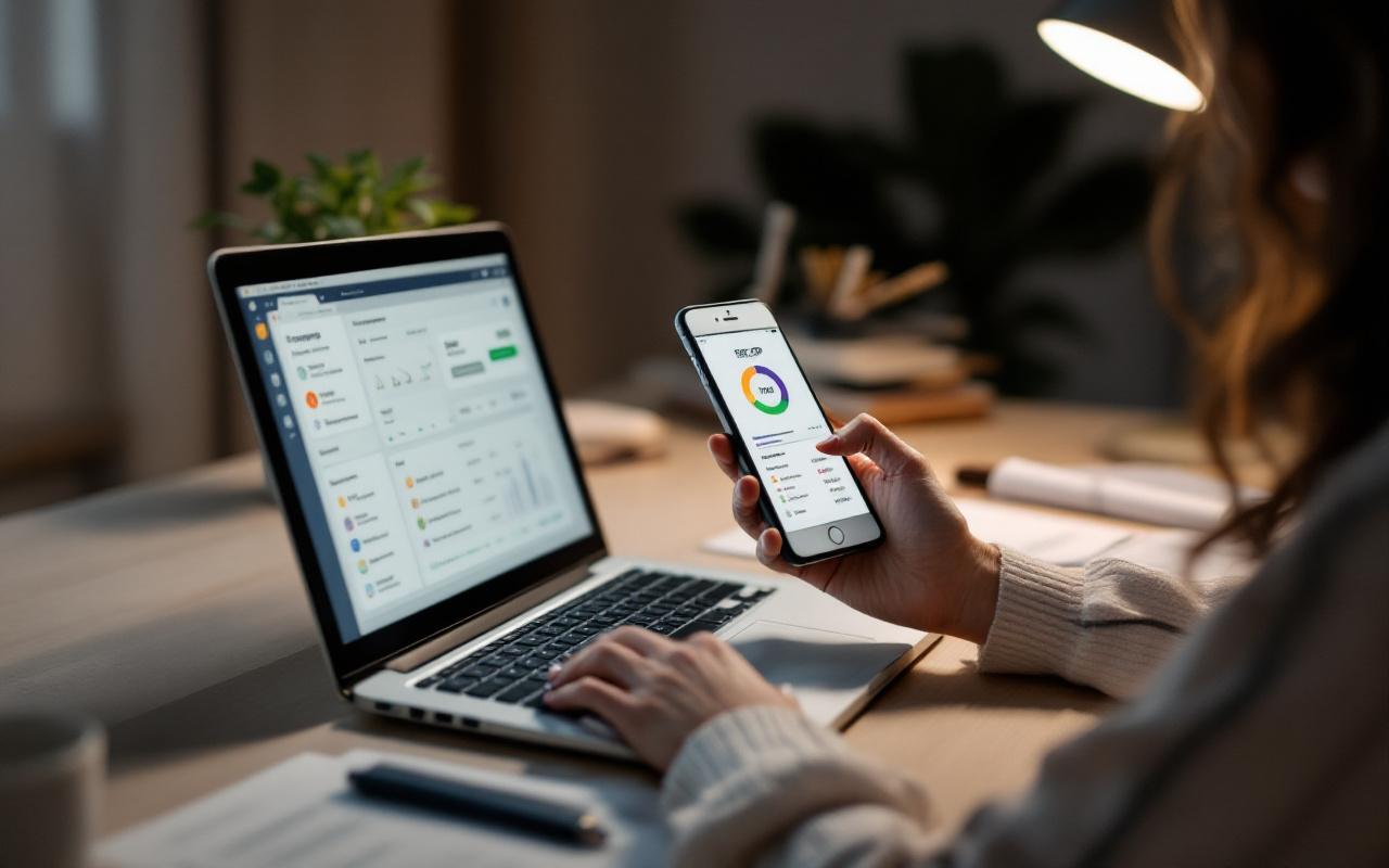 Une femme travaille en toute indépendance sur un ordinateur portable, tandis qu’un smartphone affiche une application de comptabilité. Son bureau est sobre, avec des documents numérisés disposés de façon ordonnée.