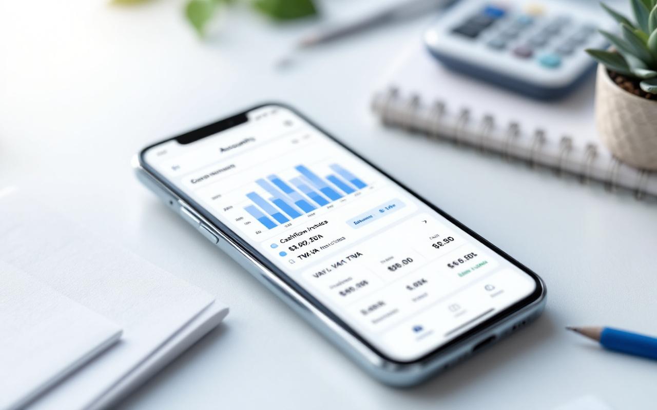 Interface mobile de comptabilité affichant des graphiques de trésorerie, des factures, le détail de la TVA et la synchronisation bancaire, dans un cadre professionnel.