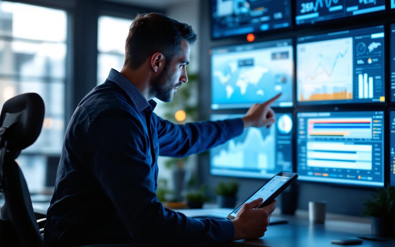 Un homme analyse des écrans modernes affichant le tableau de bord d’une flotte dans un bureau high-tech, en consultant des données sur plusieurs moniteurs et une tablette.