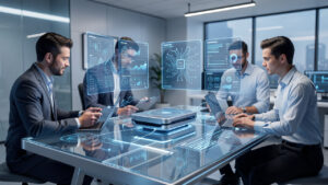 Illustration éditoriale montrant une agence IA analysant un produit high-tech sur une table lumineuse, avec des interfaces holographiques, des schémas de flux et des visualisations de données.