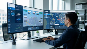 Vue moderne d’un gestionnaire de flotte travaillant devant plusieurs écrans, observant des routes et véhicules connectés dans un bureau lumineux.