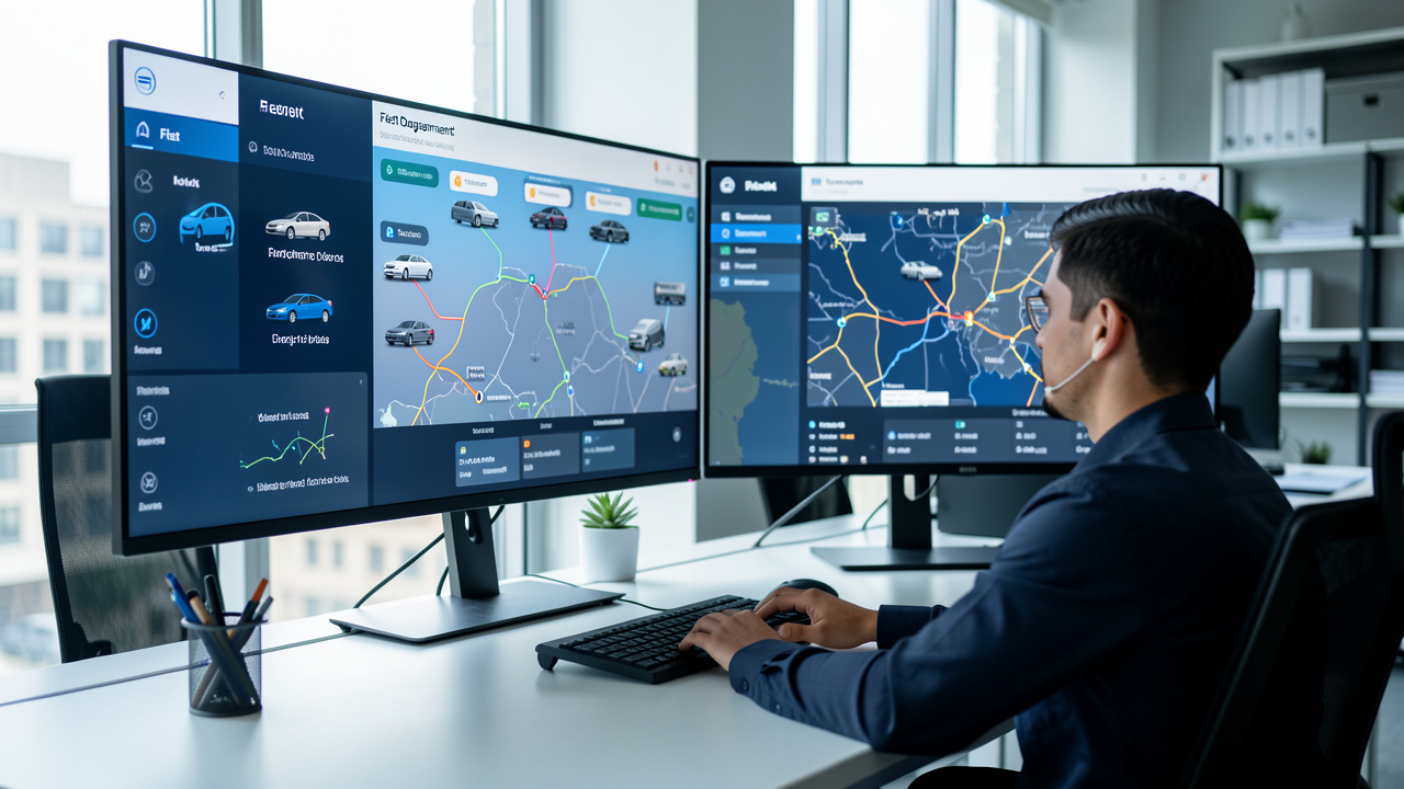 Vue moderne d’un gestionnaire de flotte travaillant devant plusieurs écrans, observant des routes et véhicules connectés dans un bureau lumineux.