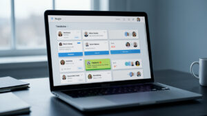 Interface d’historique sur un écran montrant une chronologie de versions successives avec des éléments visuels d’analyse des modifications et des contributeurs, éclairage doux et rendu réaliste.