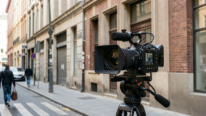 Caméra cinéma compacte plein format montée sur un rig léger, avec écran orientable et objectif zoom, dans un décor de tournage documentaire urbain éclairé par une lumière naturelle.