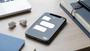 Smartphone moderne affichant une interface sobre d’intelligence artificielle conversationnelle avec bulles de dialogue vierges, onde vocale et icône d’appareil photo, posé sur un bureau mobile éclairé naturellement.