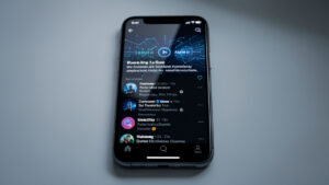 Smartphone moderne affichant une interface sobre de type actualités IA en mode sombre, ambiance high-tech éditoriale, reflets et éclairage studio doux.
