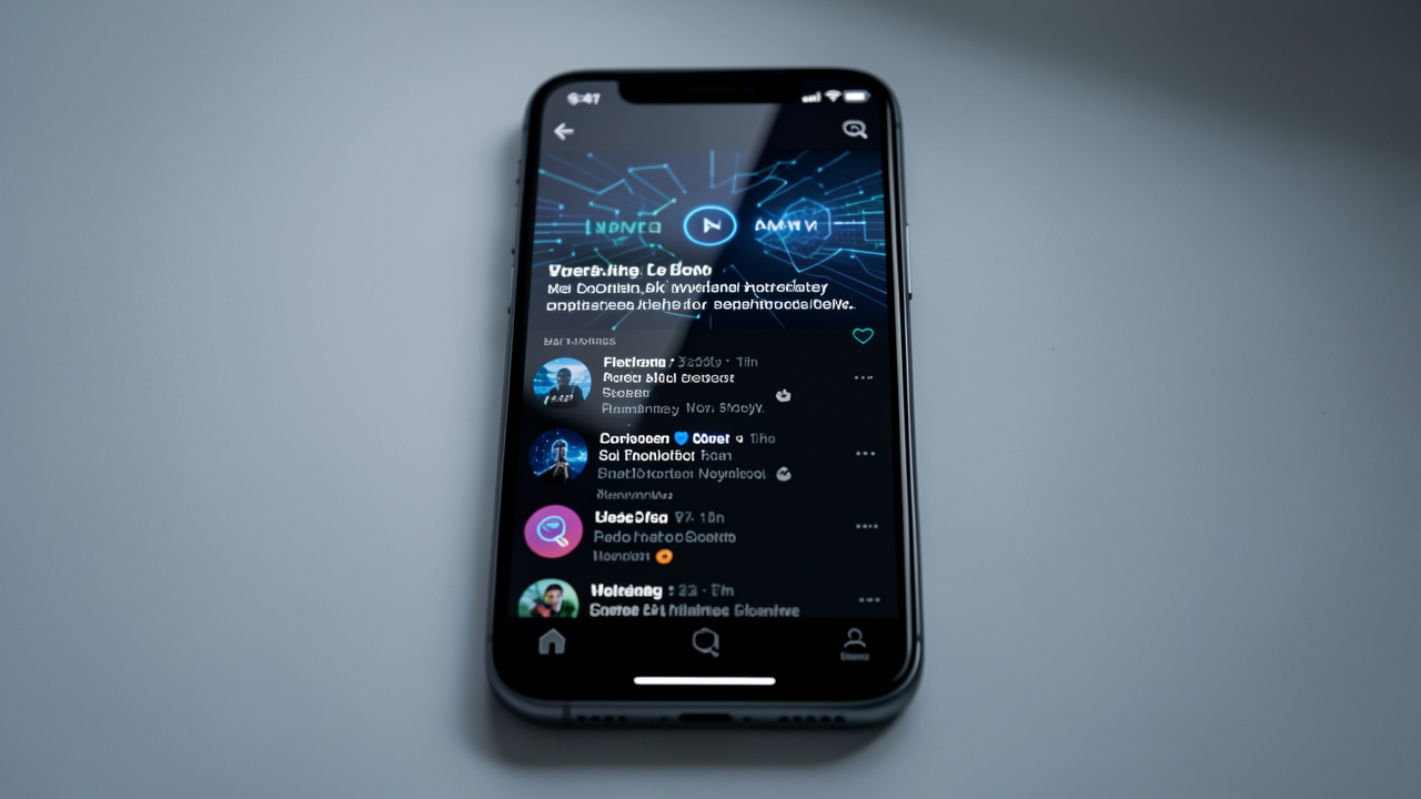 Smartphone moderne affichant une interface sobre de type actualités IA en mode sombre, ambiance high-tech éditoriale, reflets et éclairage studio doux.