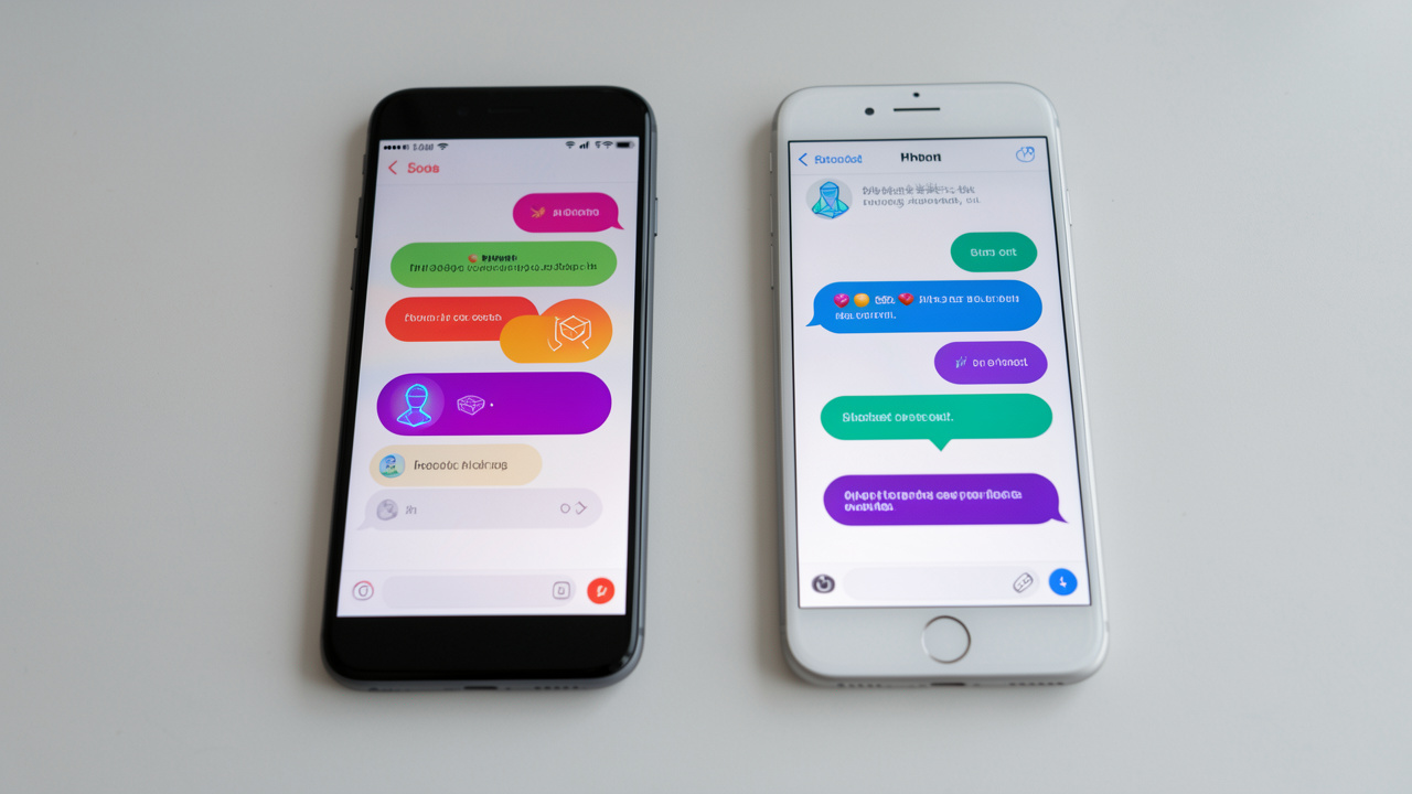 Deux smartphones modernes posés côte à côte sur un bureau sobre, affichant des interfaces abstraites de chatbot IA, avec un appareil de style Android et un appareil de style iOS.