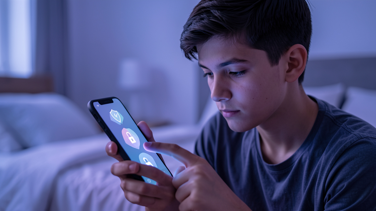 Un adolescent devant un smartphone affichant une interface abstraite de vérification d’âge avec des symboles de confidentialité, dans un style technologique réaliste.