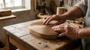 Dans un atelier sobre de Belsunce à Marseille, les mains d’une femme explorent un objet tactile en bois posé sur une table, sous une lumière naturelle.