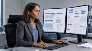 Une femme compare une interface abstraite d’intelligence artificielle avec des documents officiels disposés sur deux écrans, dans un bureau moderne au style technologique sobre.