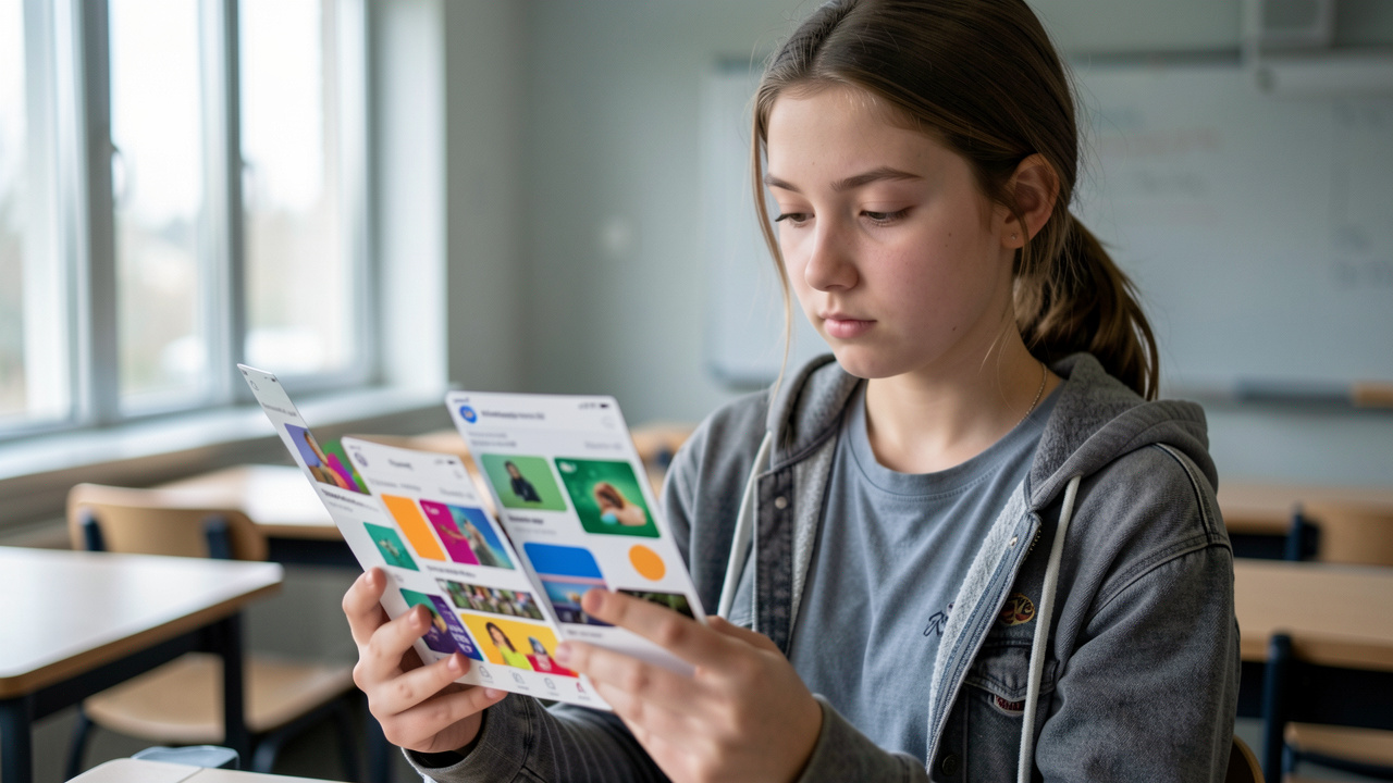 Une lycéenne consulte attentivement plusieurs fils d’actualité abstraits sur son smartphone dans une salle de classe éclairée par la lumière naturelle.