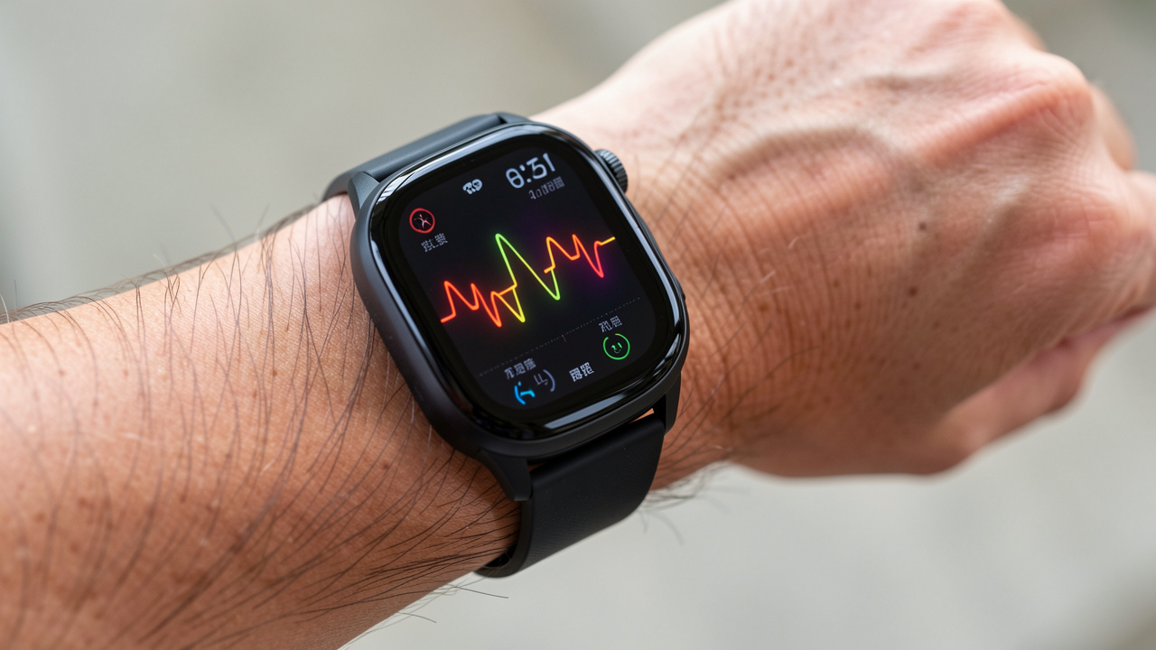 Gros plan sur le poignet d’un homme portant une montre connectée noire affichant une fréquence cardiaque et des données de santé.